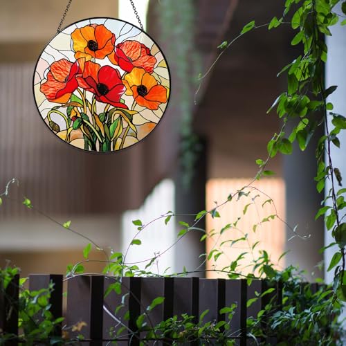 California Poppy Forest Sun Catcher 9.8'' Stained Glass Window Hanging Flower Lover Gifts for Women Red Poppy Kitchen Decor Suncatcher Decoration for Home Garden Housewarming Gifts (Poppy-02 / 9.8inch)