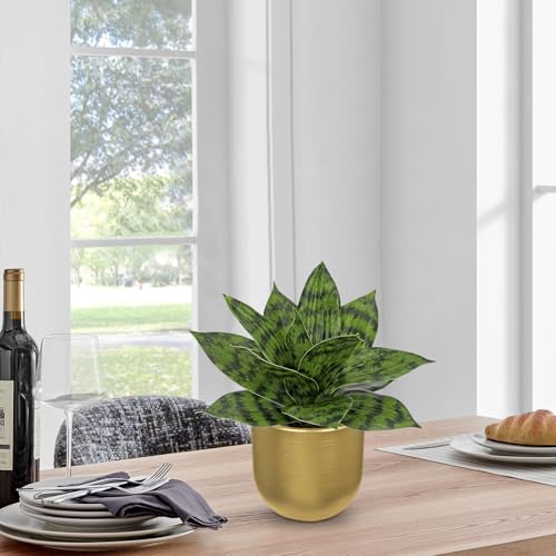 Artificial Snake Plants 9" Faux Agave Succulent Plant Potted in Gold Pot Fake Sansevieria Aloe Tropical Plant for Desk Modern Office Home Bathroom Indoor Outdoor Decor