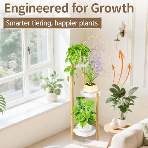 Plant Stand Table Tall for Indoor Corner (Standard White-Bamboo / 3 Tier)