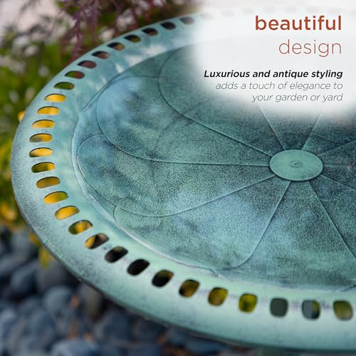 TEC116 Outdoor Aged Green Pedestal Birdbath with Scrollwork