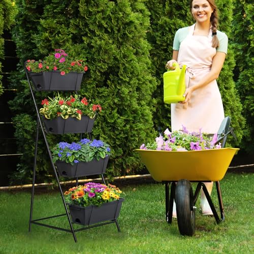4 Tier Vertical Garden Planter Herb Garden Planter Outdoor Planters for Outdoor Plants Standing Vertical Raised Garden Bed Tiered Garden Vegetable Planter with Drainage Holes