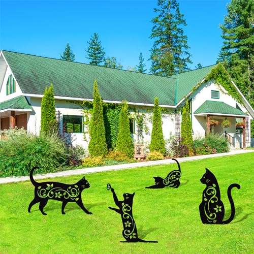 4 Pack Black Cat Silhouette Cute Metal Cat Garden Statues Bird Repellent Decorative Garden Stakes for Yard (4 Count)