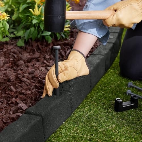 4' Rubber Cobblestone Flexible No Dig Landscape Mulch Border Edging with Anchoring Spikes for Lawns (6 Edgers)