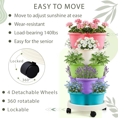 2 Set Multicolor 5 Tier Stackable Vertical Planters with Removable Wheels and Tools Tower Planters Herb Flower Strawberry Vegetable Pots Indoor Outdoor Gardening Pots (5 Tier / Multicolor)