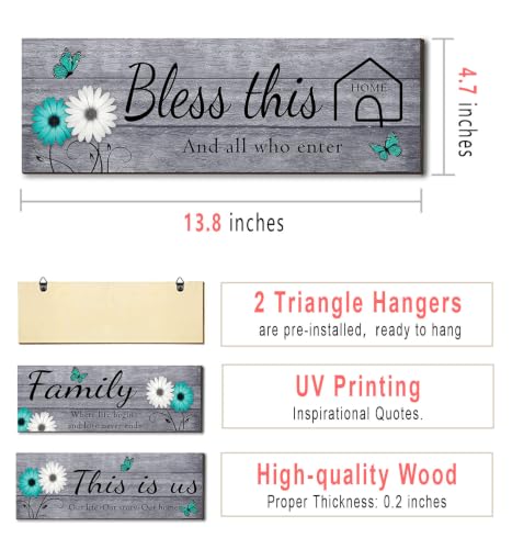 4 Pcs Farmhouse Wall Decor with Teal Butterflies & Daisies (Grey Teal)