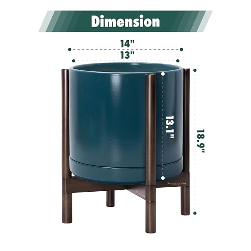 Ceramic Pot with Walnut Wood Stand (14 Inch / Teal Pot + Walnut Color Stand)