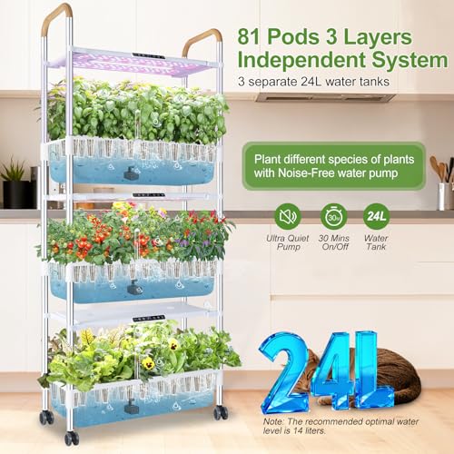 Indoor Hydroponic Growing System with 81 Pods Herbs Garden Kit with 30W Led Grow Light Large Movable 3