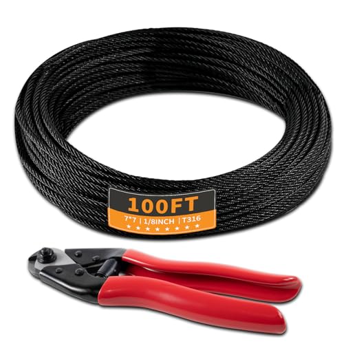 100FT 1 8" Stainless Steel Cable Black 7x7 Strands Aircraft Cable T316 Wire Rope with Cable Cutter 1800lbs Breaking Strength for Deck Cable Railing (100 Foot)
