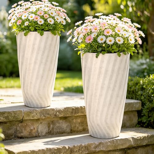 24" Resin Tall Outdoor Planters (24" H-vintage Ivory Marble Texture)