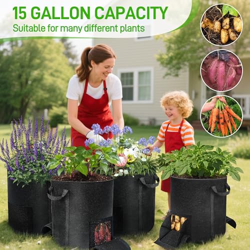 4 Pcs 15 Gallon Potato Grow Bags with Harvest & Visible Windows (4 Count)