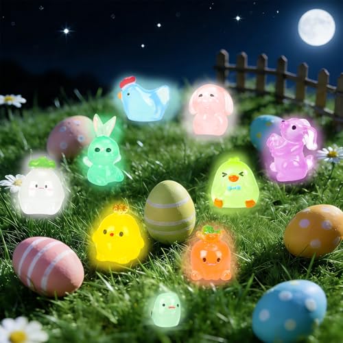 56 Pcs Easter Luminous Mini Resin Figurines 56 Style Glow in The Dark Little Small Resin Miniatures to Hide Bulk Bunny Chick Figures for Easter Party Favors Egg Fillers Micro Garden Landscape Decor (56Pcs-Luminous Easter)