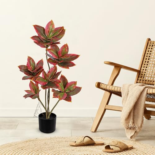 Artificial Tree 2.95Ft Faux Agave Plant Fake Tropical Yucca Palm Tree with 6 Heads in Pot Fake Dracaena Plants Tree for Home Decor Modern Office House Decoration Housewarming Gift Pink (6 Count)