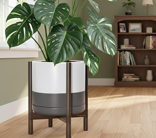 Ceramic Pot with Walnut Wood Stand (14 Inch / White/Grey Pot + Walnut Color Stand)