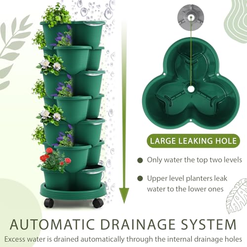 2 Set Dark Green 7 Tier Stackable Vertical Planters with Removable Wheels and Tools Tower Planters Strawberry Herb Flower Vegetable Pots Indoor Outdoor Gardening Pots (2 Count)