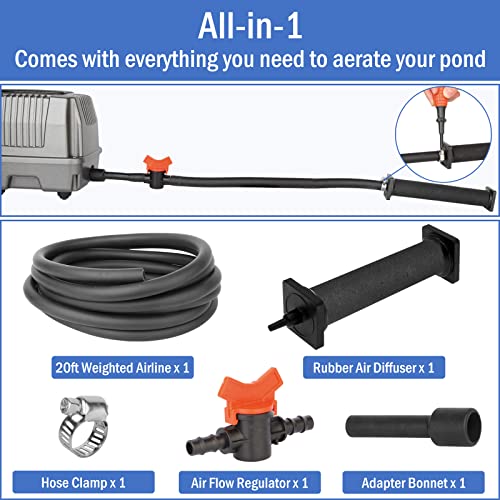 All-in-One Pond Aeration System - Koi Pond Aerator with Air Pump for 2000-5000 Gallons - Self-Sinking Airline, Flow Control, Rubber Air Diffuser