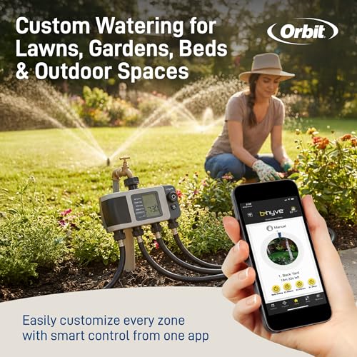 B-hyve XD 4-Port Smart Hose Watering Timer - App Controlled - Smart WeatherSense - Bluetooth Sprinkler Timer with Remote Control - Multi Outlet Yard Irrigation System - 24634