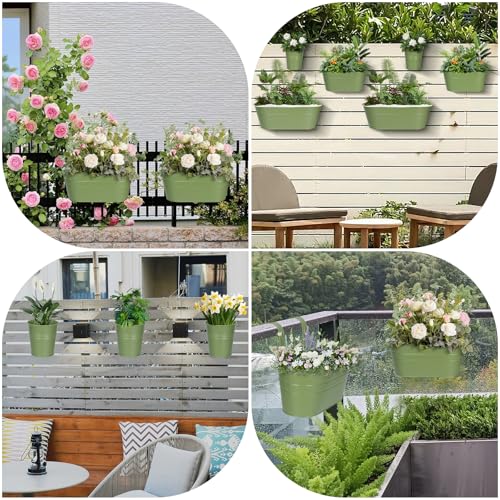 3 Different Size Metal Iron Hanging Flower Pots 10 Pcs for Outdoor Plants Metal Hanging Bucket Pots Iron Railing Fence Planter with Drainage Holes and Hooks for Porch Railing Balcony Fence (Green)