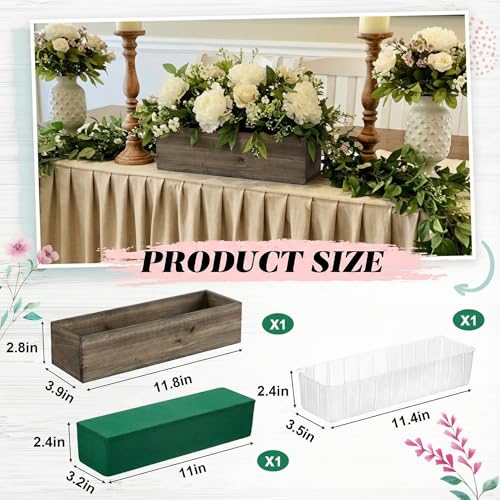 1 Set Wood Boxes for Centerpieces 12x4 Inch Rectangle Wooden Planter Box Rustic Wooden Planters with Removable Plastic Liner Floral Foam Blocks for Christmas Wedding Home Garden Decor (12 X 4 Inch / Brown)