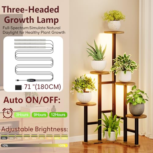 Corner Plant Stand Indoor with Grow Lights 6 Tiered Corner Plant Shelf (Rustic Brown(with Lights) / 6 Tier-Round)