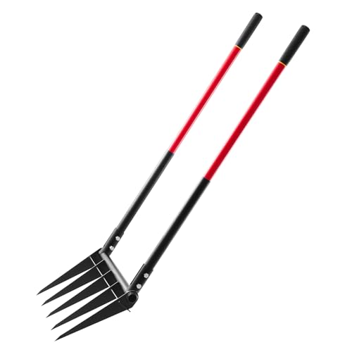 Broad Fork, 5-Tine Pitchfork with Dual Fiberglass Handles, Heavy Duty Garden Fork, Ergonomic U-Shaped Design Broadfork Hand Tiller, Gardening Tool for Composting Transplanting Aeration