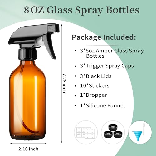 Amber Glass Spray Bottles 8oz Brown Glass Spray Bottles 3 Pack (3 Count)