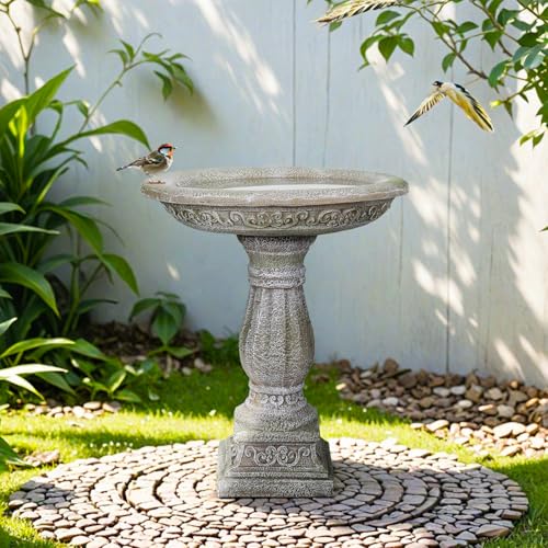 23.8” H x 20” Dia Outdoor Birdbath with Exquisite Carvings Pedestal