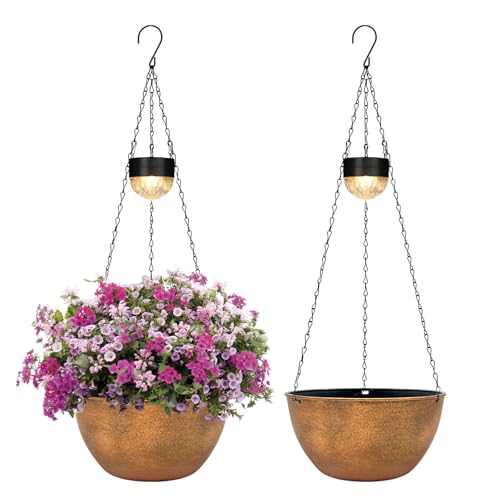 2 Packs Solar Hanging Basket Planters for Plants Outdoor (Bronze)