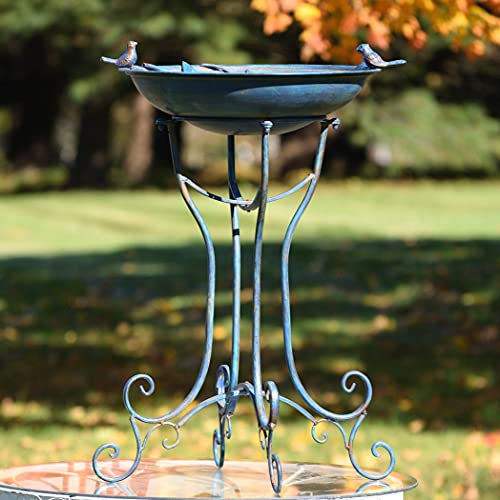 Deep Well Made Metal Birdbath with 2 Cast Iron Birds and Leaf Decoration