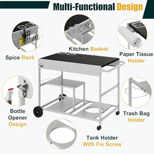 24.6"x37.6" Pizza Oven Cart Table with Topping Station and Wheels (Black / 24.6 x 37.6 x 31.5 inches)