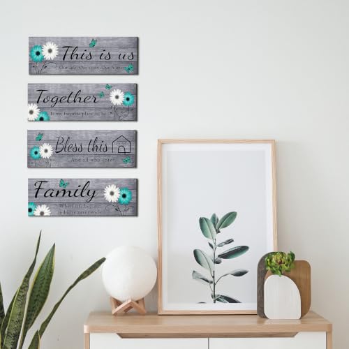 4 Pcs Farmhouse Wall Decor with Teal Butterflies & Daisies (Grey Teal)