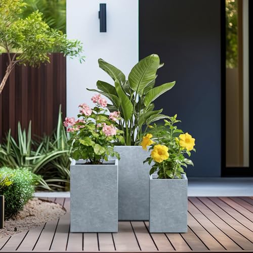 Set of 3 Blue Gray Concrete Tall Planters 13" 11" 9" Dia (Slate Gray / 18.5" H, 15.7" H, 12.6" H)