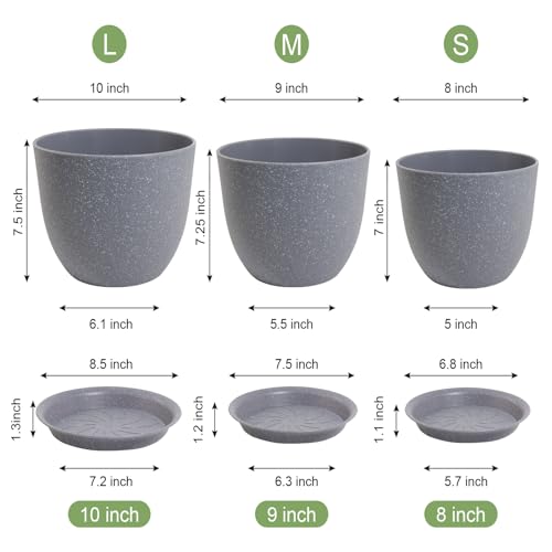 10/9/8 inch Plant Pots, Set of 3 Modern Decorative Plastic Planters with Drainage Holes and Saucers for Garden House Plants, Flower Pots for Indoor Outdoor Plants, Speckled Grey (3 Count)