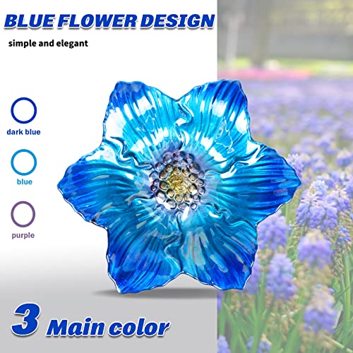Glass Bird Bath Outdoor Birdfeeder Blue Flower Bowl with Metal Stake