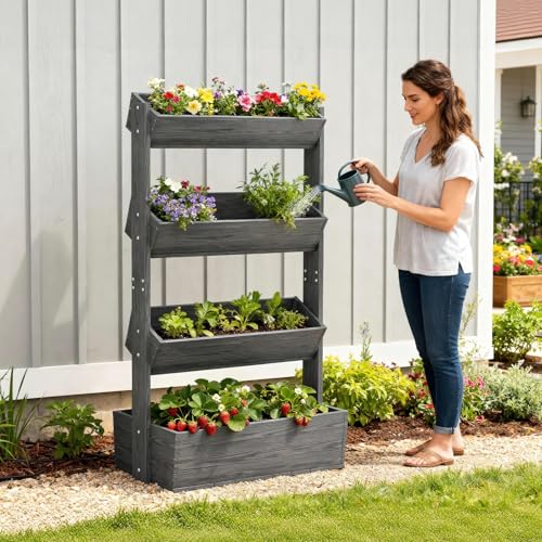 4 Tiers Vertical Raised Garden Bed Outdoor Planter Tower (31.5" x 18" x 55" 4 Tier / Gray-vertical)