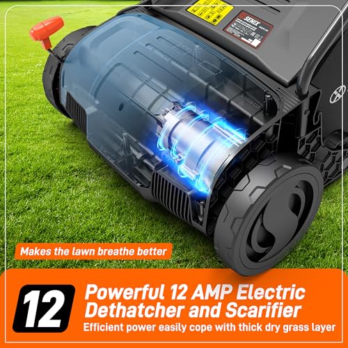 12 Amp 13 Inch Corded Electric Dethatcher and Scarifier with Collection Bag