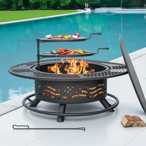 47 Inch Fire Pit with 2 Cooking Grates and Table Lid (Black / 47IN)