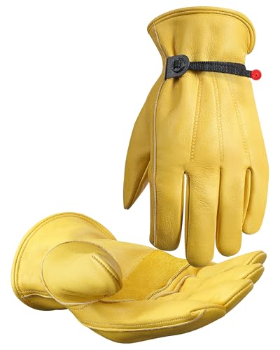 Adjustable Cowhide Leather Work Gloves for Men 1 Pair Golden L