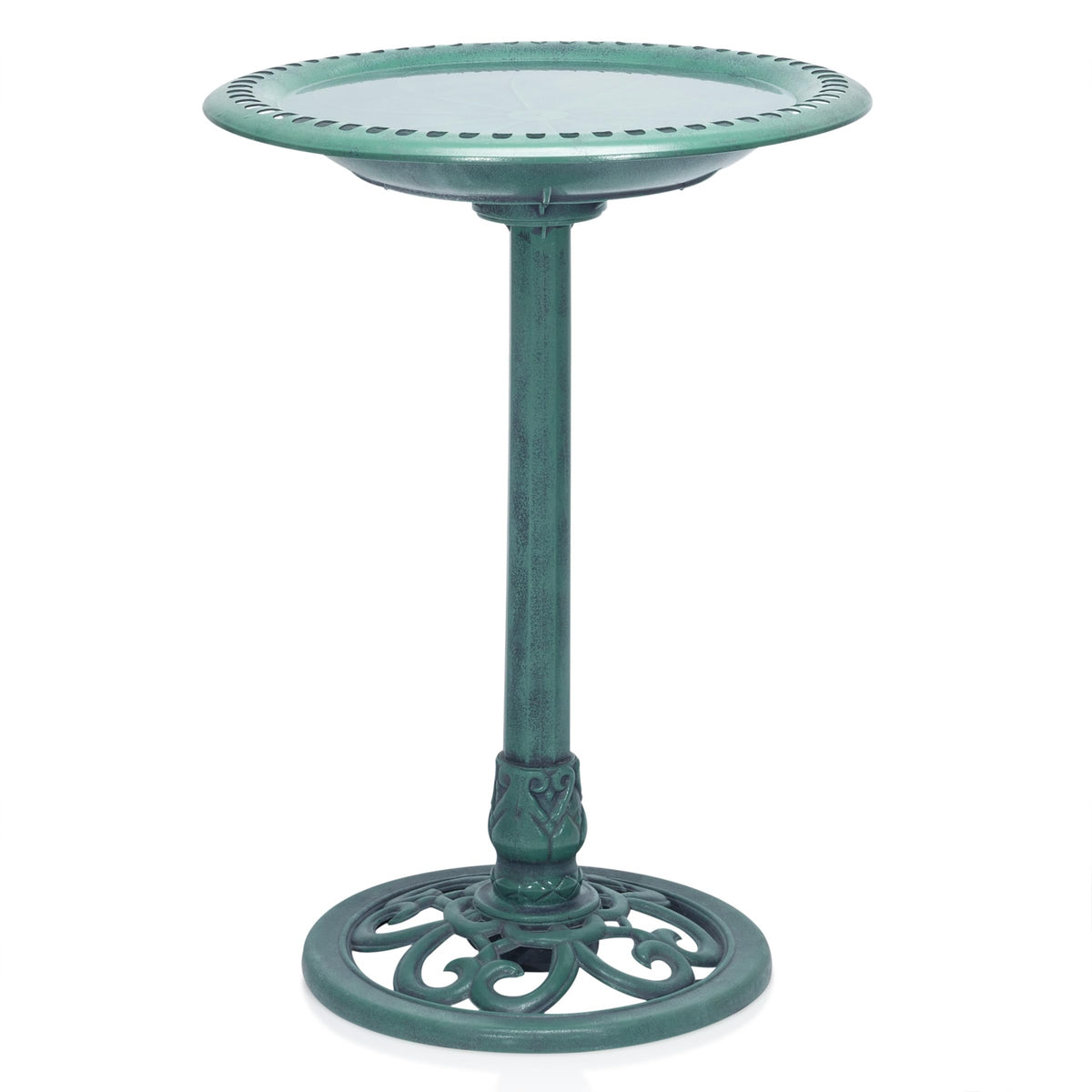 TEC116 Outdoor Aged Green Pedestal Birdbath with Scrollwork