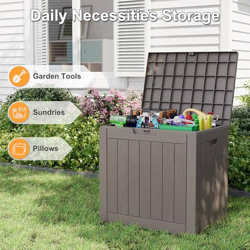 Deck Box 32 Gallon Resin Indoor and Outdoor Storage Boxes Waterproof for Garden Tools