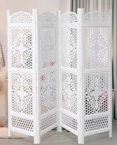 Room Divider Wooden Foldable Hand Carved Screens Panel_80" Wx72 H_4Panel (Antique White / 80"W x 72"H - Minar)