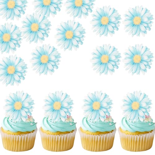 60 PCS Edible Daisy Cupcake Toppers Wafer Paper Daisy Cupcake Picks Edible Daisies Wildflower Birthday Party Decorations for Baby Shower Wedding Birthday Party Cake Food Decorations Supplies Blue (60 Count)