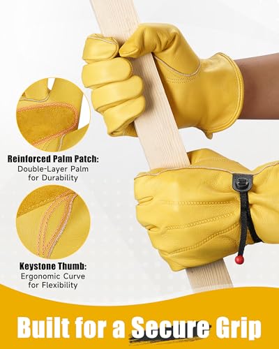 Adjustable Cowhide Leather Work Gloves for Men 1 Pair Golden M