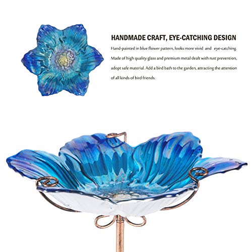 Glass Bird Bath Outdoor Birdfeeder Blue Flower Bowl with Metal Stake