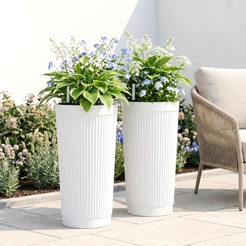 Set of 2 Large Round Tall Planter for Indoor or Outdoor 24" Flower Pots for Porch (Round Ribbed White / 24")