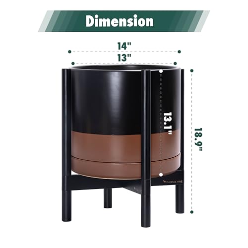 Ceramic Pot with Ebony Wood Stand (14 Inch / Black/Speckled Tan Pot + Ebony Stand)