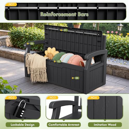 80 Gallon Outdoor Storage Bench Deck Box (80 Gallon with Cushion / Black)