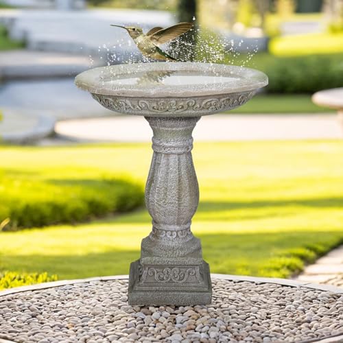 23.8 Inch High Concrete Bird Bath with Carved Pedestal