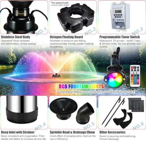Pond Fountain Aerator F4 With 4 RGB Lights 1HP 750W Floating Pump (Black D)