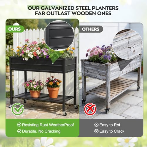 32" Tall Galvanized Raised Garden Bed with Legs Wheels & Shelf
