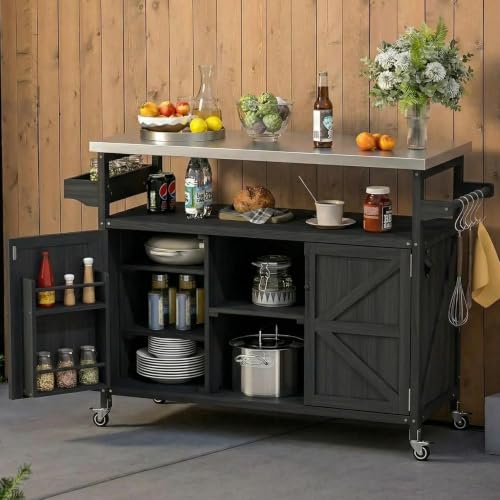 50.25" W Grill Cart with Stainless Steel Tabletop (Black)